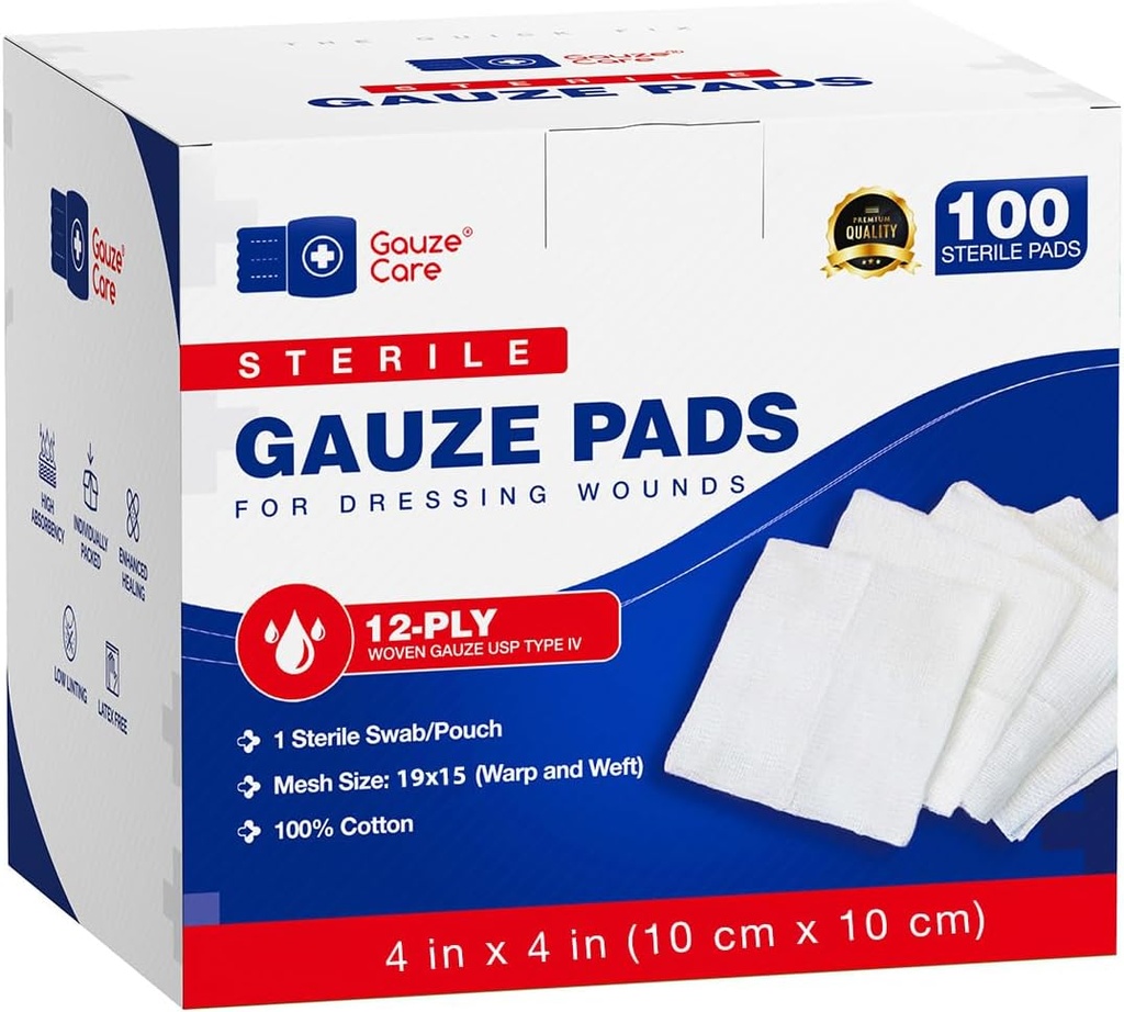 100pc Velika sterilna gaze Pads 4x4 Sterilne za rane razsutem stanju - 12Ply Tkane gaze Sponge 4x4 Sterile - USP IV Dihalno meso 4x4 Gaze Pads Sterilne za izboljšano absorpcijo - Prva pomoč Medicinska