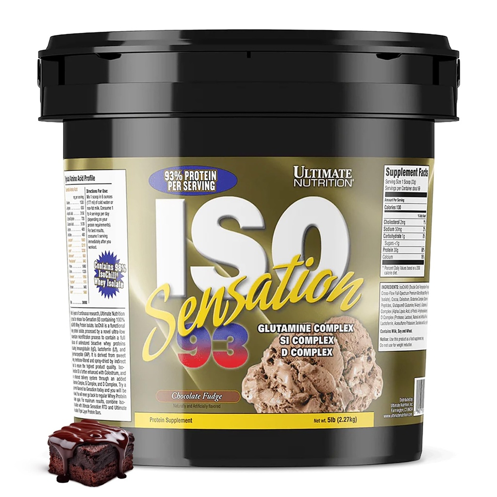 Ultimate Nutrition Iso Sensation 93 z glutaminom, sirotkinim proteinskim izolatom v prahu, 30 gramov beljakovin, nizko karbinski beljakovinski pretresi, Keto prijazno, 5 funtov, čokoladni prelivi