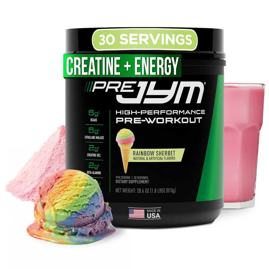 JYM Supplement Science Pre JYM Rainbow Sherbet Pred vadbo Prašek za moške in ženske, BCAA, nootropiki, kreatin HCI, citrulin, beta-alanin, betain, tavrin, huperzin, 30 Servingov