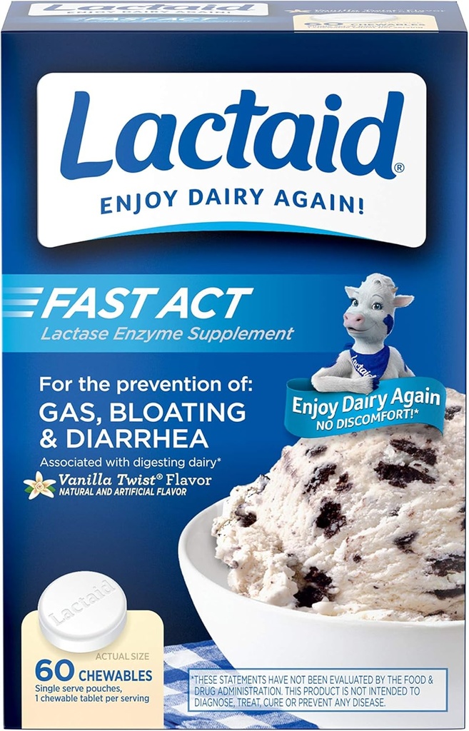 Laktaid Fast Act Laktoza Intoleranca Žvečilni žvečilni izdelki z encimi laktaze, Vanilla, 60 Število
