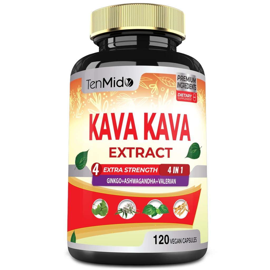 Kava Kava Dopolnilo Extract kapsule, 4 Mesece Oskrba z Ginkgo, Ashwagandha, Valerian- Relaxation Podpora- 120 Veganske kapsule