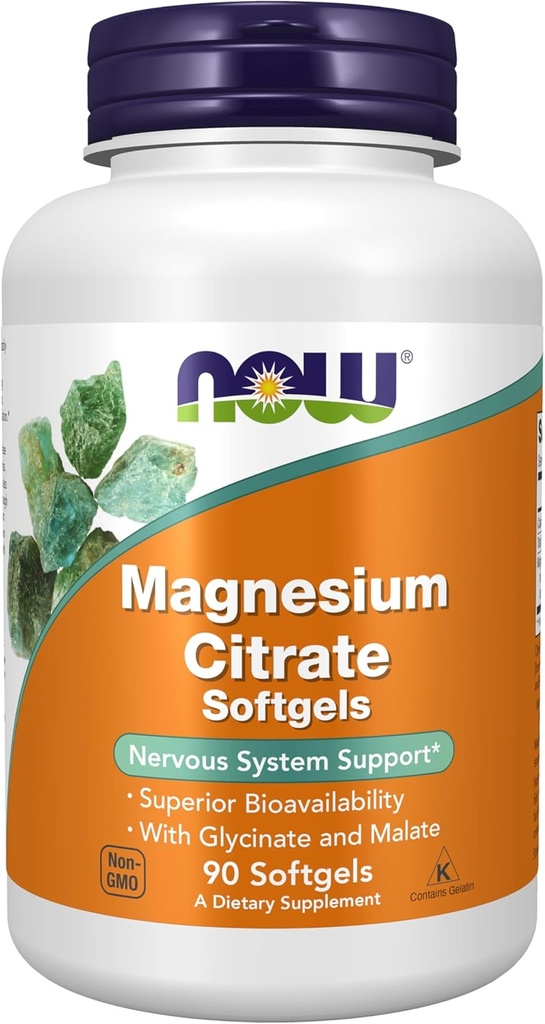NOW Foods Supplements, Magnezijev citrat, z Glycinate & Malate, Podpora živčnega sistema*, 90 Softgels