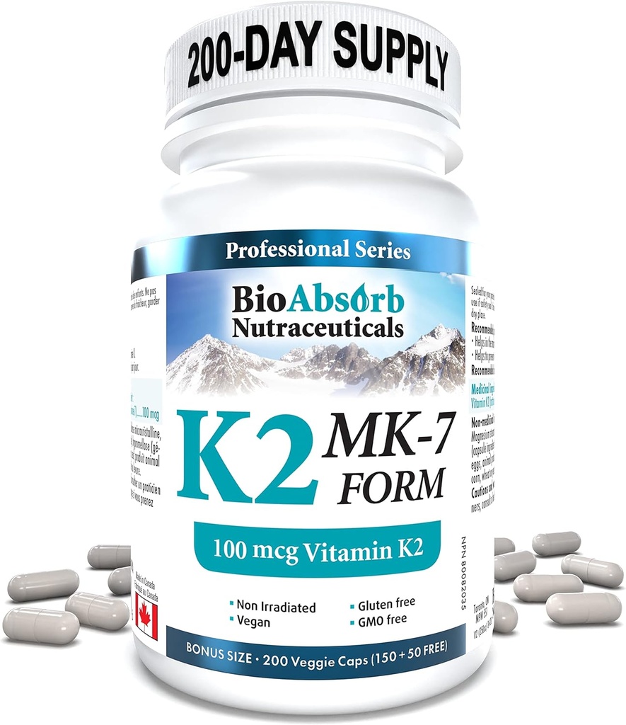 Bio Absorb Vitamin K2 MK-7 Dopolnilo. 100 mcg. 200-dnevna zaloga (200 Veggie kapsul).