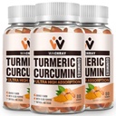 Kurkumin Gumiji z ingverjem in črnim poprom Ekstrakt - 3 Pack Tumeric Gummy dopolnila za bolečine Vnetje Skupno Hujšanje Zdravstvena podpora - Vegan, Organic, Gelatin-free - za odrasle in otroke