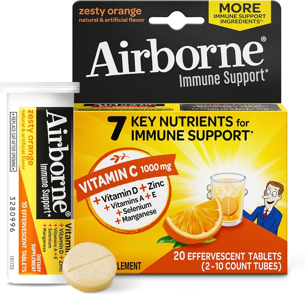 Zračni 1000mg Vitamin C Z cink šumeče tablete, Imunska podpora dodatek z močnimi antioksidanti Vitamini A C & E - 20 Fizzy Drink tablete, Zesty Orange Flavor