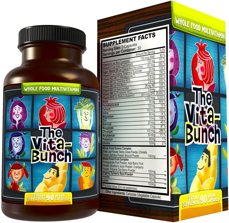 Polno živilsko večvitaminsko sadje in superzeleni vitaminski kompleks, 90 veganskih kapsul - dnevni vitamin za ženske in moške - železo, cink, B12, vitamin A, D3 in več