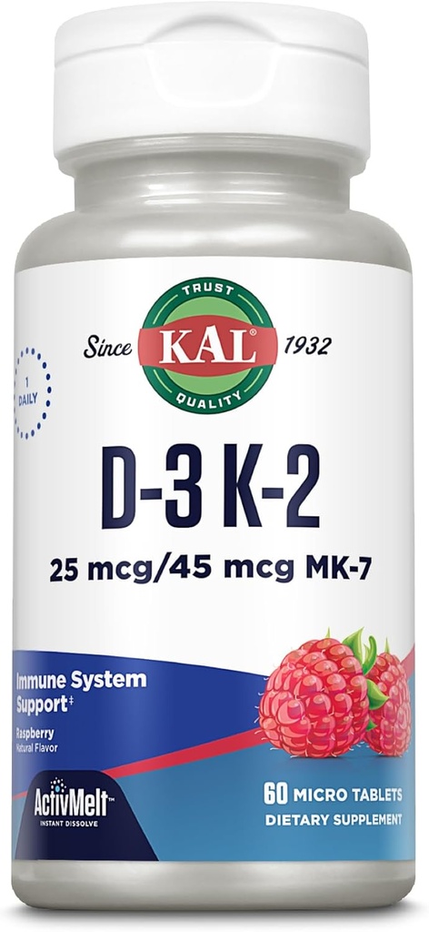 KAL Vitamin D3 K2 ActivMelt, zdravje kosti, srce in imunske podpore dodatek w/ D3 1000 IU in MK7 Vitamin K2, Instant Dissolve Tabs, Natural Raspberry aroma, 60 Serving, 60 Mikro tablete