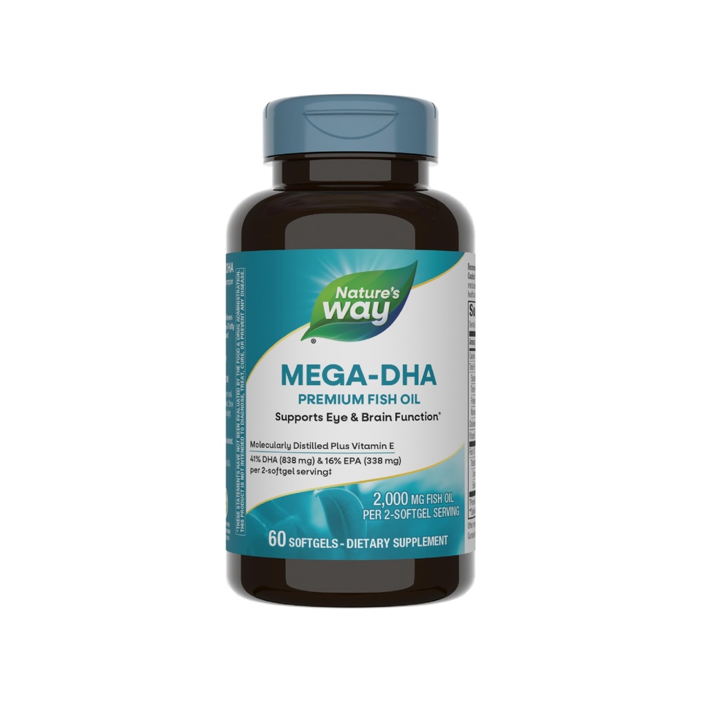 Naravna pot Mega-DHA Premium ribje olje, Podpira delovanje oči in možganov*, Omega-3, 2.000 Ribje olje mg na 2-Softgel Serving, 60 Softgels (Packaging May Vary)