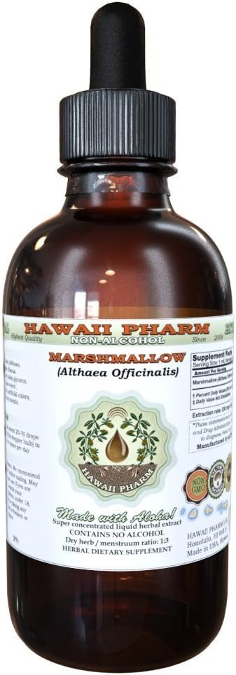 Havaji Pharm Marshmallow Tekoči ekstrakt brez alkohola, Organski Marshmallow (Althaea officinalis) Suhi list Glicerit Natural Zeliščni dodatek, ZDA 2 oz