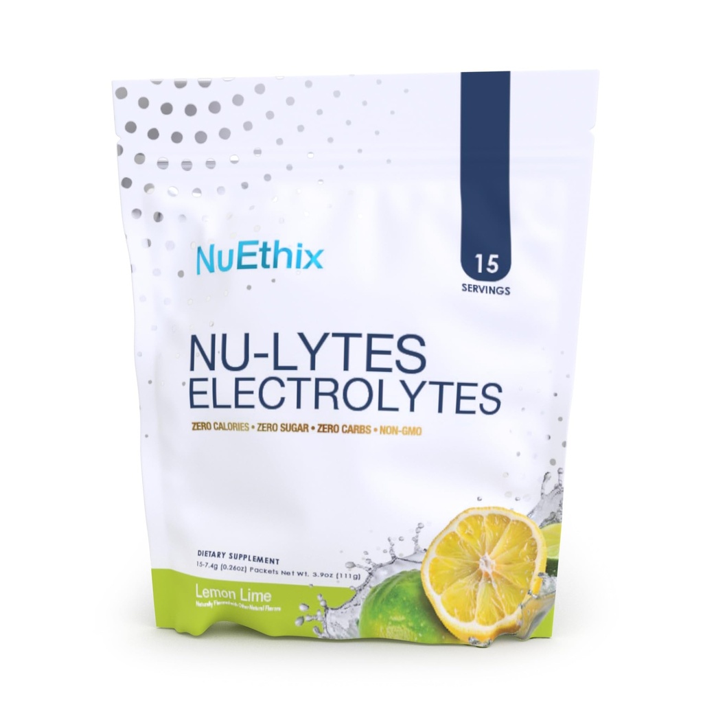 NuEthix Formulacije NU-LYTES Elektroliti Hidracijski paketi, nič kalorij, nič sladkorja, nič ogljikovih hidratov, ne-GMO, elektrolitski paketi v prahu, Glycogen Replenishment, 15 Serving (Lemon Lime)