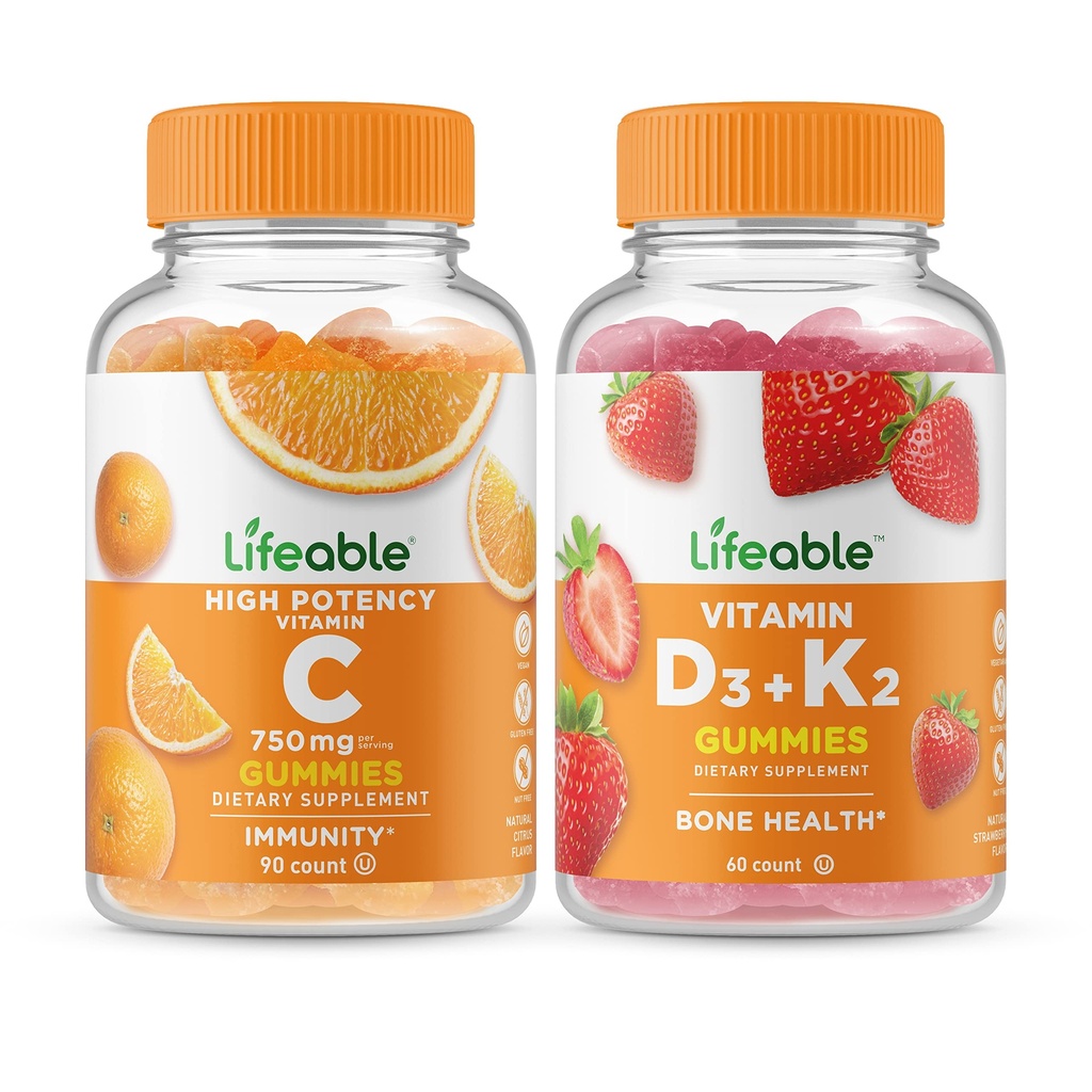 Življenjski Vitamin C 750mg + Vitamin D3 + Vitamin K2, Gummies Bundle - odličen okus, Vitamin dopolnilo, Gluten brezplačno, GSO brezplačno, Žvečljivi gumi