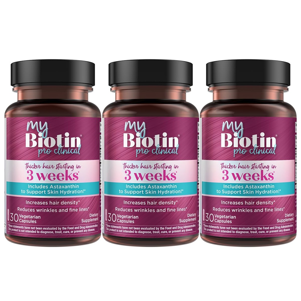 Izdelki za čistočo MyBiotin ProClinical – Debeli lasje Začenši v 3 tednih & bori gube - MB40X Patented Biotin Vitamin B7 Matrix w/Astaksantin - 40X Več Topen v primerjavi z običajnim Biotin, 90 Veg kapsule