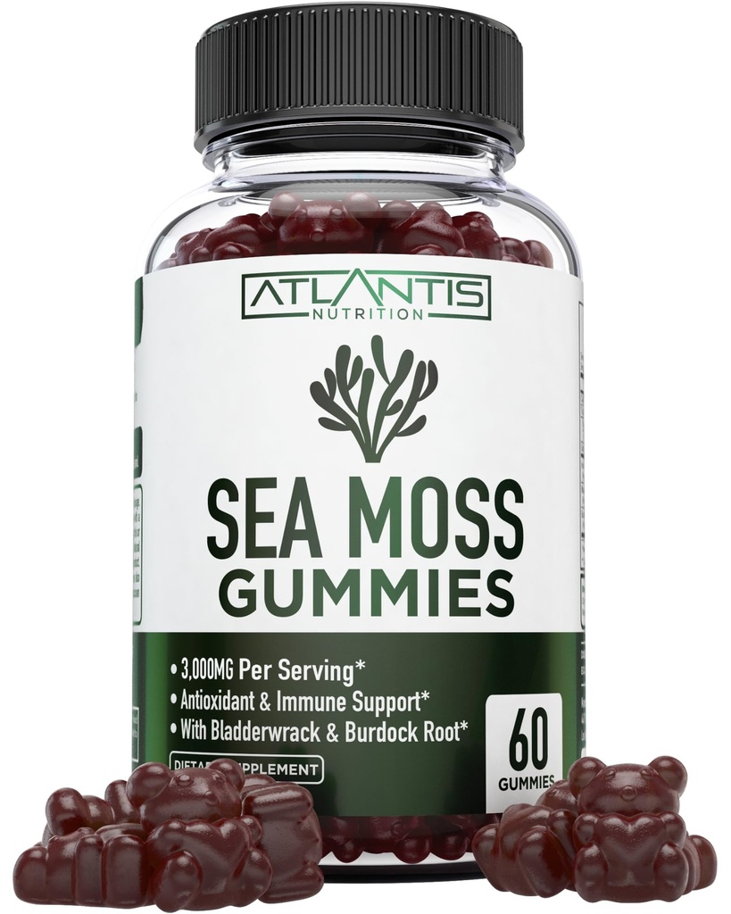 Irish Sea Moss Gummies - 3000MG - Formulirani w/ Irish Sea Moss, Bladderwrack & Burdock Root, vsebujejo bistvene vitamine in minerale - Antioksidant-Rich Superfood dodatek, 60 Sea Moss Gummies za odrasle