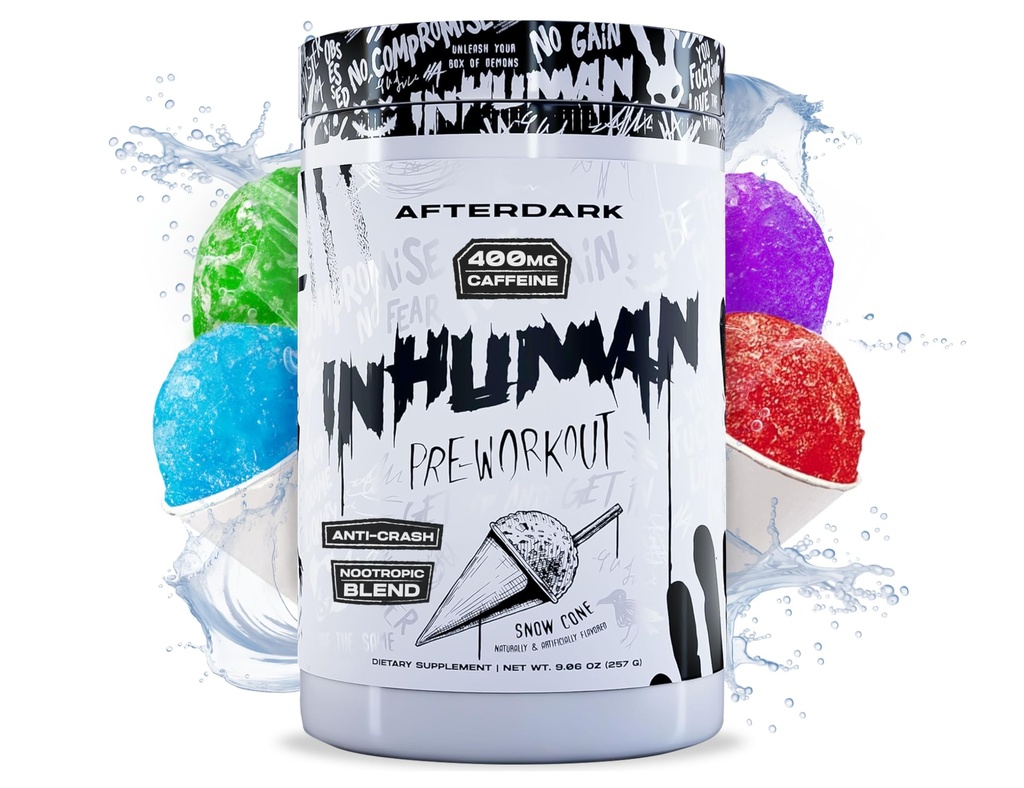 AFTERDARK INHUMAN pred treningom prašek, Izboljšana miselno-mišična povezava, Trajna energija, Močna nootropna mešanica, Vegan, Gluten-free, Soy-free, 400mg kofein, brez Crash, SnowCone
