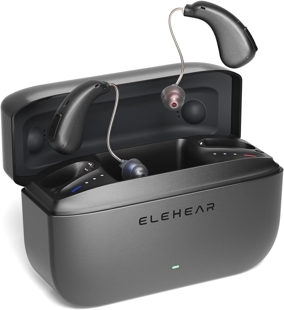 Alpha Slušni pripomočki, AI Hrup Odpoved OTC Slušni pripomočki za starejše in odrasle, Super Clear Sound, Dolgotrajna baterija, ki deluje ponovno polnjenje slušni aparat, 4 Načini, Metallic temno siva