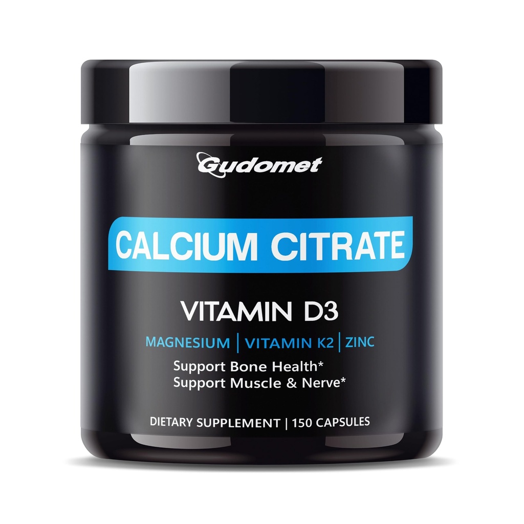 Visoka absorpcija kalcijev citrat z vitaminom D3 & K2 - podpira zdravje kosti, mišic in živcev - 150 kapsul, Made in USA