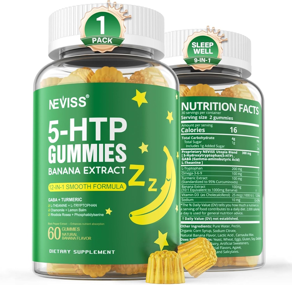 NEVIS 1Pack 5-HTP Gumies + GABA - Melatonin Free - Relaksacijski Gumiji z izvlečkom banane, L-teanin, L-Triptofan, vitamin D3 za zdravo počitek cikel & cirkadianski ritem, Brain funkcija in mišice sprostitev