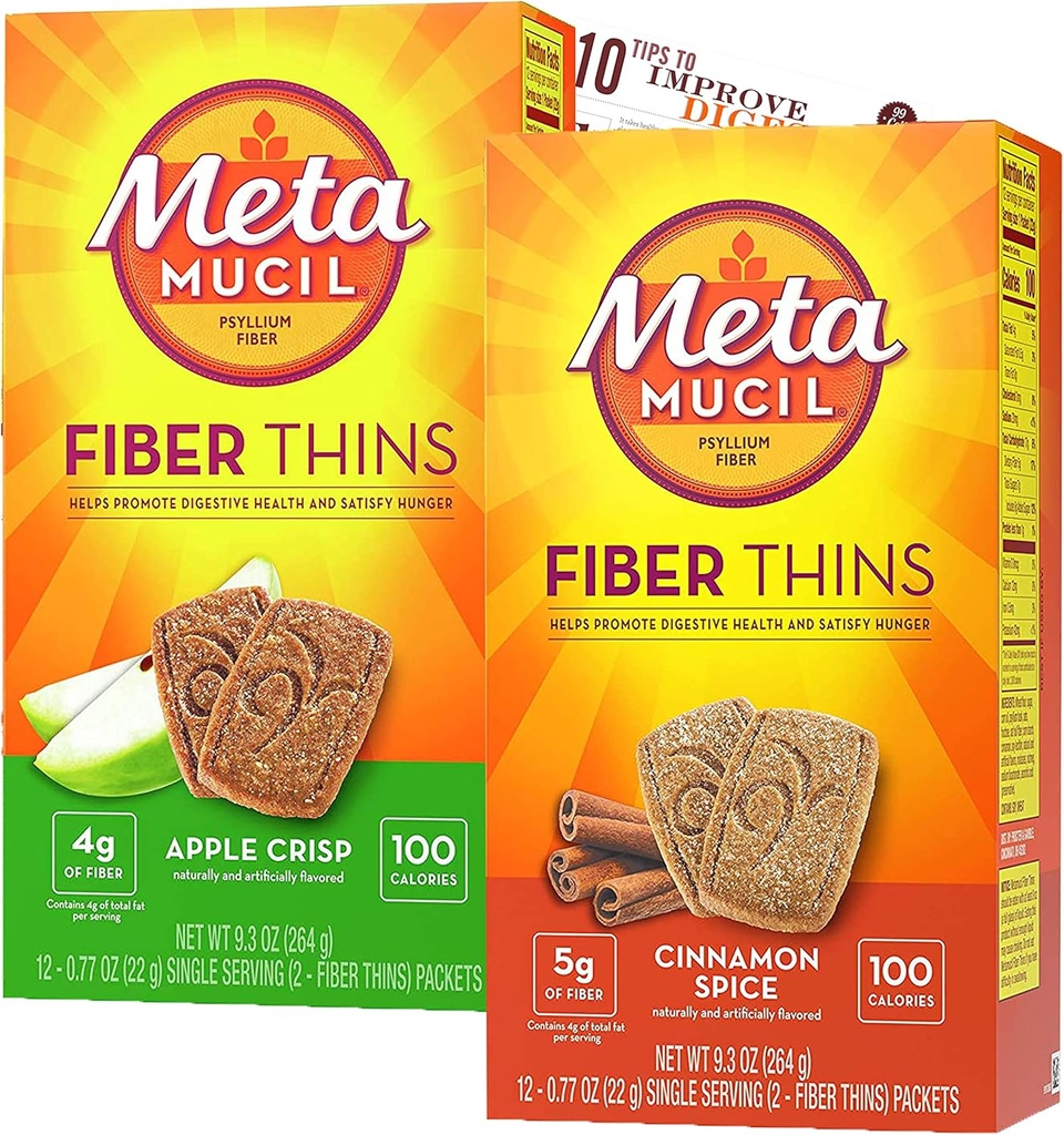 Metamucil Fiber Thins Fiber dodatek z Bleam Digestive Health Support Nasvet Kartica Psyllium Fiber Bars - 12CT Apple Crisp & 12CT Cinamon Spice - Set