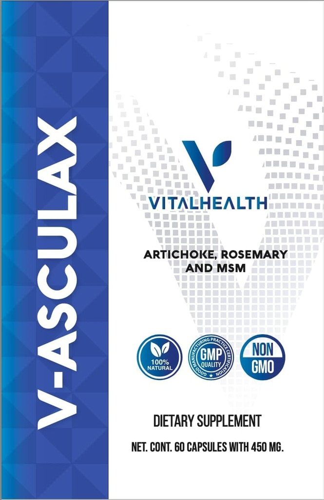 Vital Health V-Asculax Circulation Podpora – zdravje srca, pretok krvi, zadrževanje tekočine in Arterial Circulation – naravna zeliščna formula z Witch Hazel, Rue, Artichoke, Rosemary, MSM & Horsetail