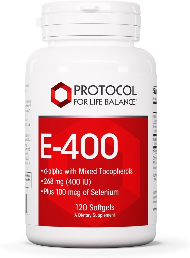 Protokol E-400 268 (400 i.e.) - Vitamin E Softgels - Antioksidanti dodatek s selenom - d-Alpha z mešanimi tokoferoli - Dairy Free & Halal - 120 Softgels