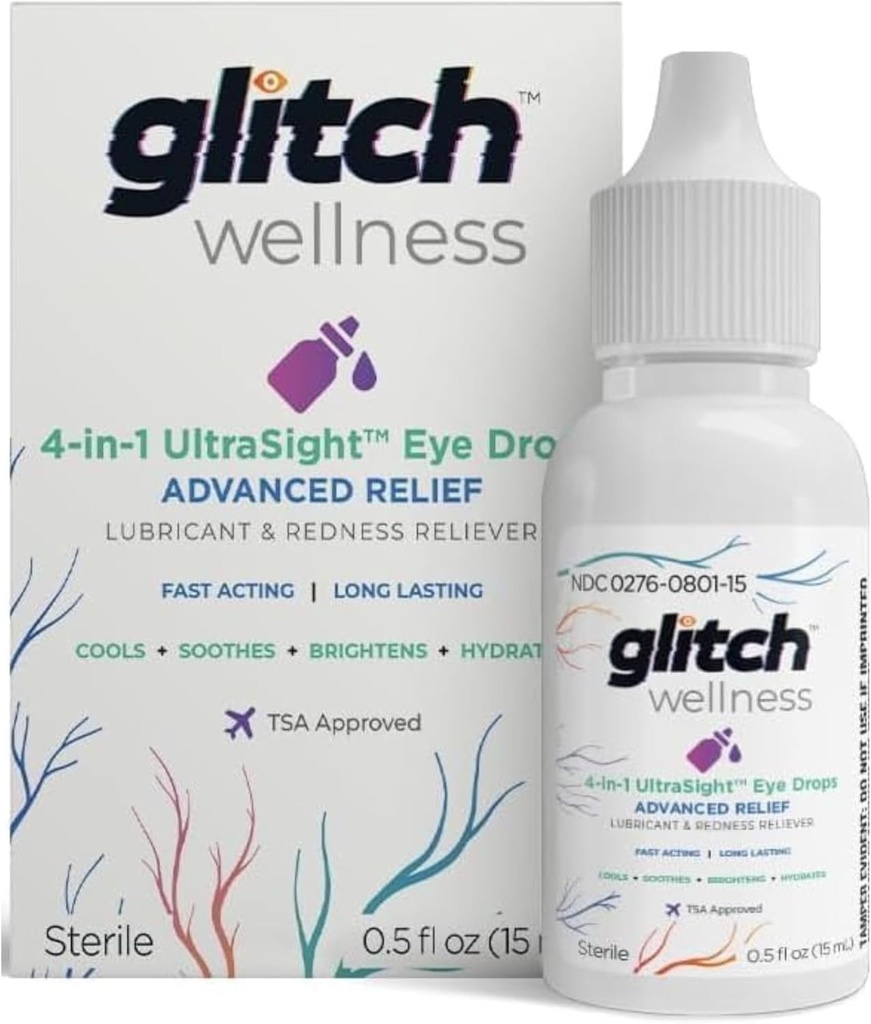 Glitch UltraSight kapljice za oči za suhe oči 15mL - 4 v 1 Napredno Relief suhe kapljice za oči - Ves dan Udobje s hidracijo, posvetlitev, hlajenje - Učinkovito pomirja draženje in suhost - 0,5 Fl Oz