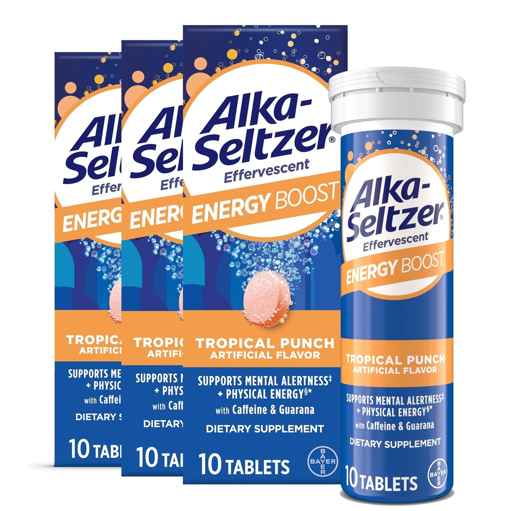 Alka-Seltzer Energy Boost: Kofein & Guarana, B Vitamini, Podpira duševno budnost in fizično energijo, Dnevna energijska dopolnila, Fizzy Tablets, Sugar-free, Lahek tropski Punch Flavor, 30ct