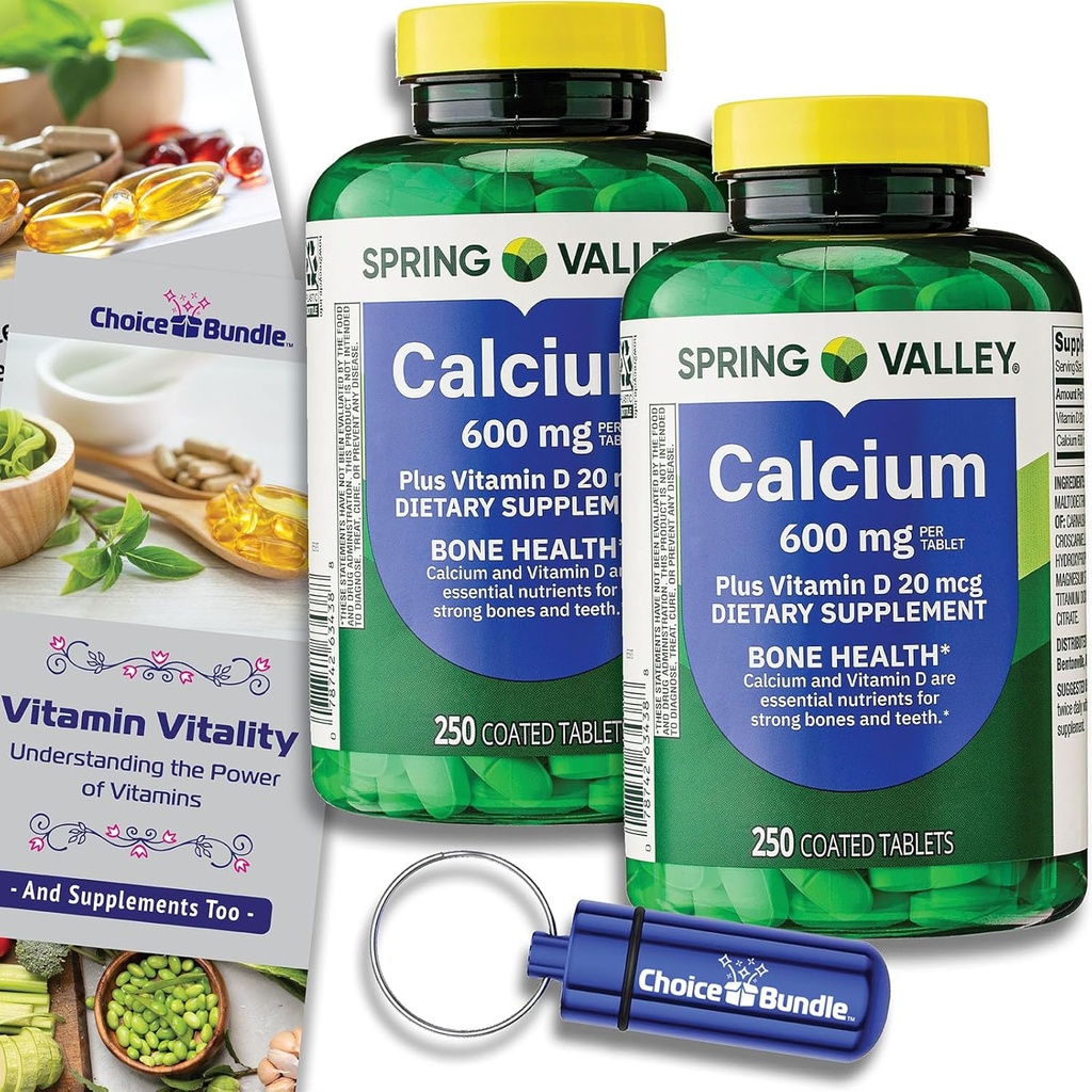 Choice Bundle Spring Valley Calcium Plus Vitamin D Tablete 600 mg 250 Ct 2 pk (500 skupaj) + “Vitamin Vitality” Vodnik & Tablete Kontejner (4 Izdelki)!