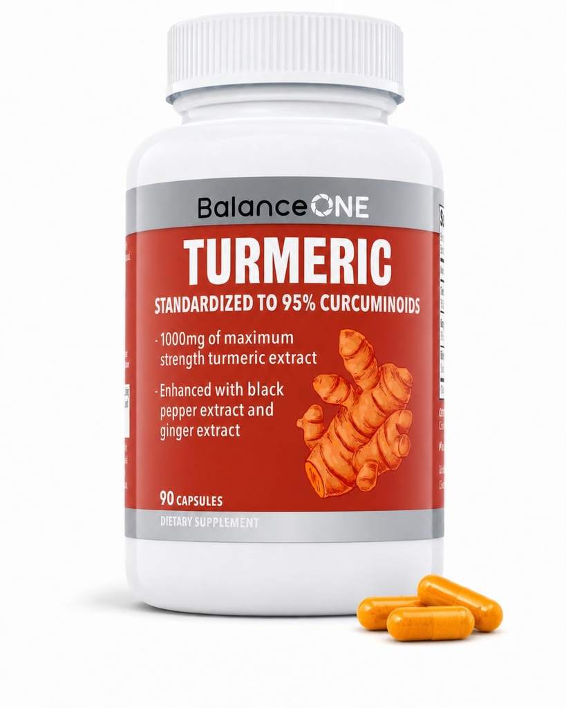 Balance ONE Kurkumin Extract 1000mg z Max Jakost 95% kurkuminoidi - Kurkumin dodatek za skupno udobje & antioksidant podporo - ingver ekstrakt in BioPerin - 1 mesec dobave