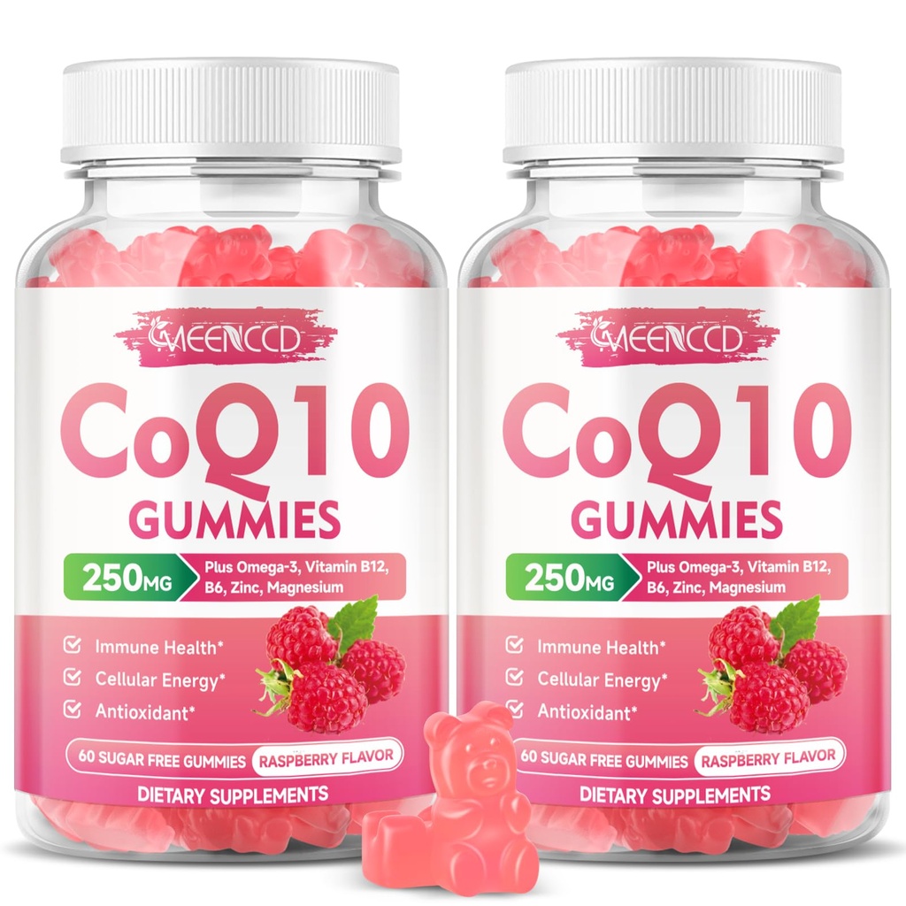 CoQ10 Gumies 250mg, Koencim Q10 Dopolnila Plus Omega-3, Vitamin B6 & cink, Visoka absorpcija CoQ10 Dopolnilo za celično energijo in antioksidant podporo, Raspberry Flavor, Vegan 120Cts