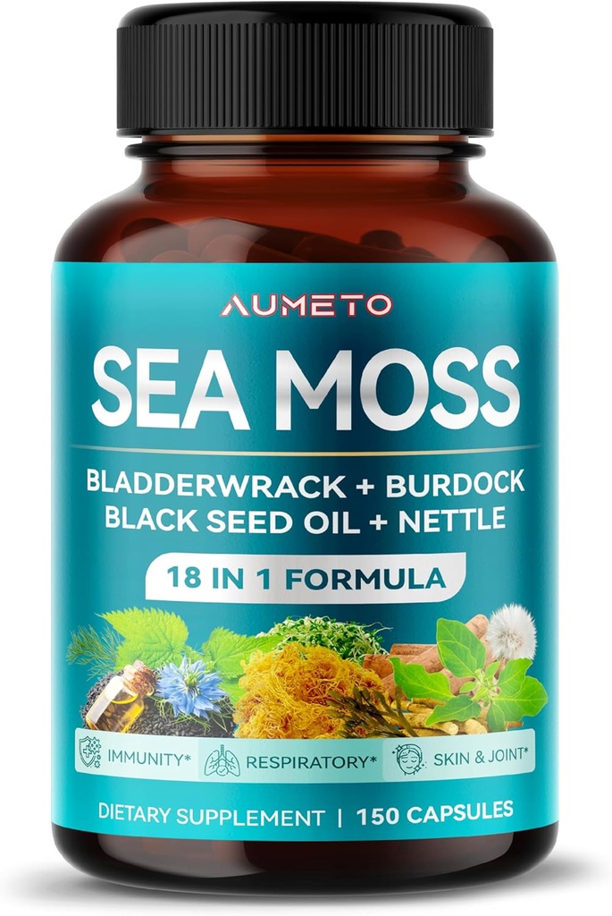Premium Sea Moss dodatek s črnim oljem, Ashwagandha, Bladderwrack, Nettle- Advanced 18-v-1 Formula za povečanje imunitete, Mineral-Rich - Izdelano v ZDA (150 Count (Pack of 1))