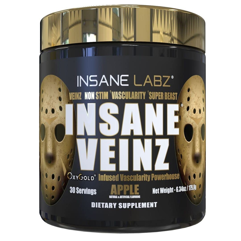 Insane Labz Insane Veinz Gold, dušikov oksid ne Stimulant pred vadbo prašek, naložen s hidromax, nitrozigin, poveča žilnost in pretok krvi, 30 Srvgs, Apple