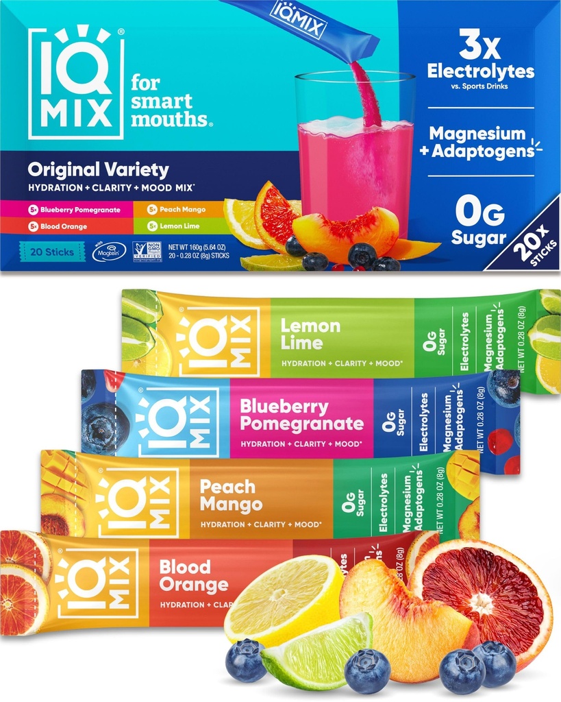 IQMIX Hidracija Elektrolitni prašek – 4-v-1 Formula za hidracijo, mentalno jasnost, razpoloženje in regeneracijo – pijača brez sladkorja Mix, Keto, magnezijev L-treonat, levja griva – 20 Count Variety Pack