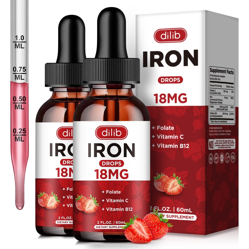 (2 paket) Tekoči železovi dodatki za ženske in moške železne kapljice železovi dodatki za anemijo s folatom, vitamin C, B12 za podporo rdečih krvnih celic-Dawberry, 4 Fl Oz