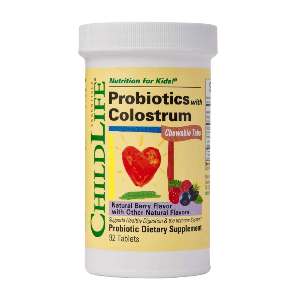 CHILDLIFE ESSENTIALS ChildBiotics s kolostrum- Probiotiki za otroke, Probiotiki za prebavne zdravje, Žvečilni, Otroški probiotik, Kolostrum za otroke, Gluten Free - Natural Berry, 92 Tablete
