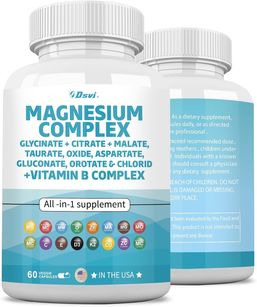 60 Count Magnezijev kompleks 2285mg z magnezijevim glicinatom Citratni malat oksid Taurat Aspartat Glukonat Orotat & Mag Klorid, cinkov bakrov mangan in vitamin C B1 B2 B6 B12 Complex ZDA