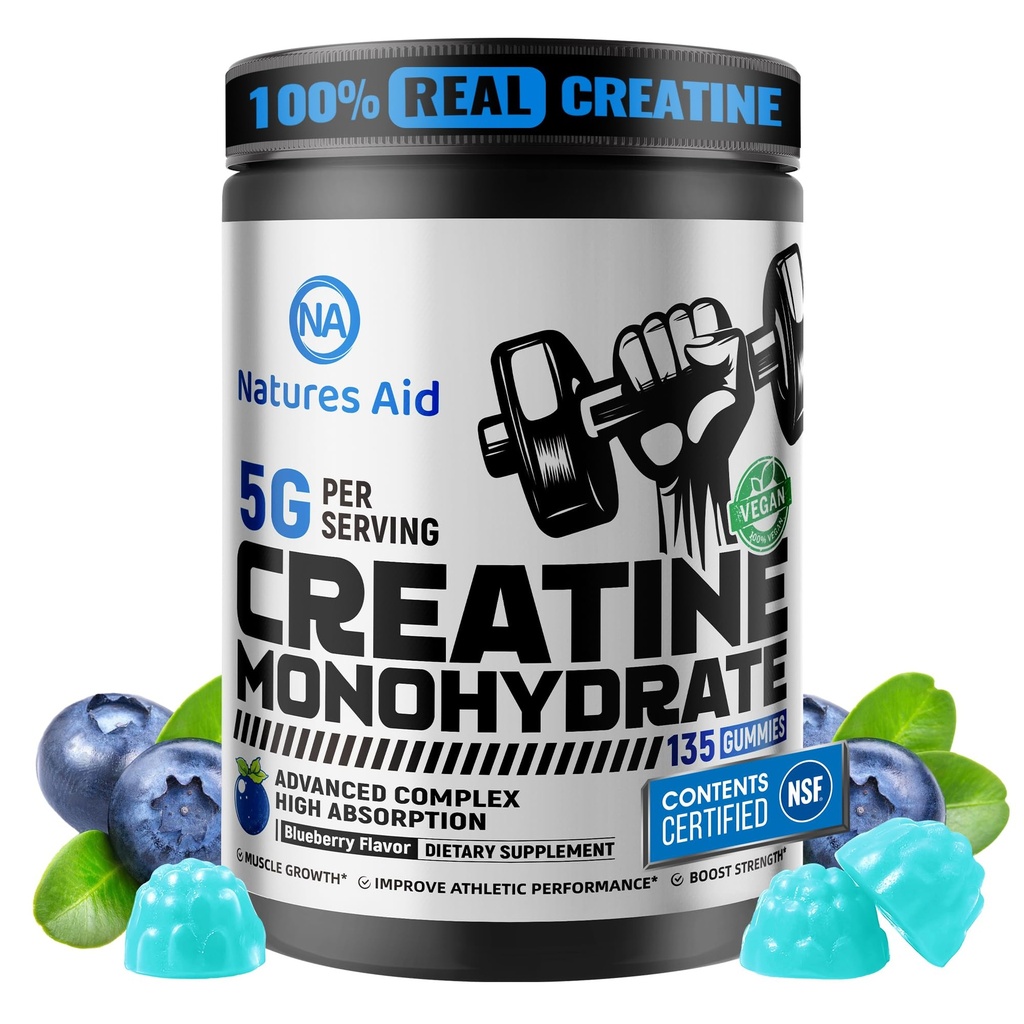 Nature Aid NSF Certified Creatine Gummy 5g - Kreatin Monohidrat Gumies – Predworkout Energija in rast mišic za moške in ženske 