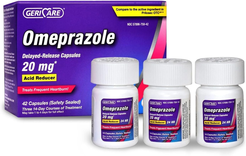 GeriCare Omeprazol Zapoznelo sproščanje Kapsule 20.6mg - Tablete za reducent kisline za 24 ur zgaga Relief - kislina Reflux Medicina za zdravljenje pogosto zgago (42 Count)