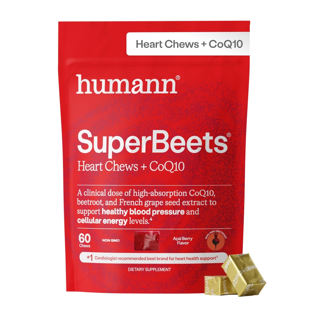 humanN SuperBeets Heart Chews Advanced - 100mg CoQ10 Plus Beetroot & Grozdni ekstrakt, 60 Count
