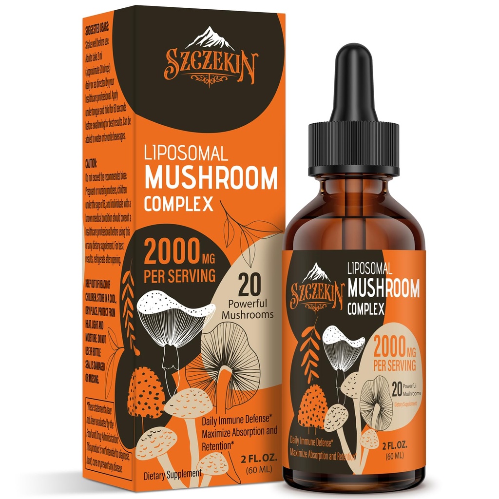 Liposomske gobe kompleksne kapljice 2000 MG - 20 Izvlečki organskih gob - Napredna tekoča formula za imuniteto, kognitivno in spomin - Levi Mane dodatek, Reishi, Cordyceps, Chaga, 30 Servinges