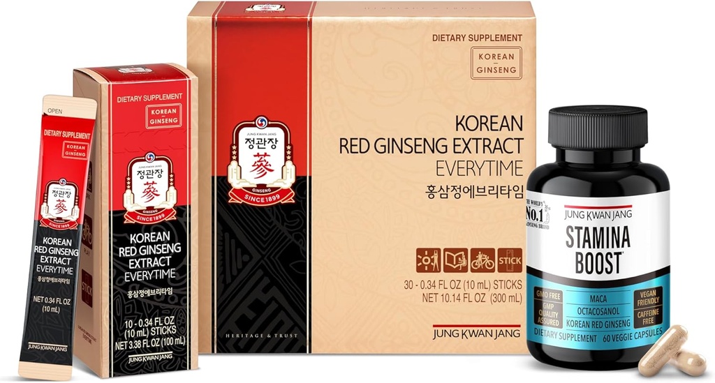 JUNG KWAN JANG Korean Red Panax Ginseng Energy Bundele - Izvleček vsakič 3000mg palice (30 Count) & moški Stamina Boost za dnevno vitalnost (60 Kapsule)
