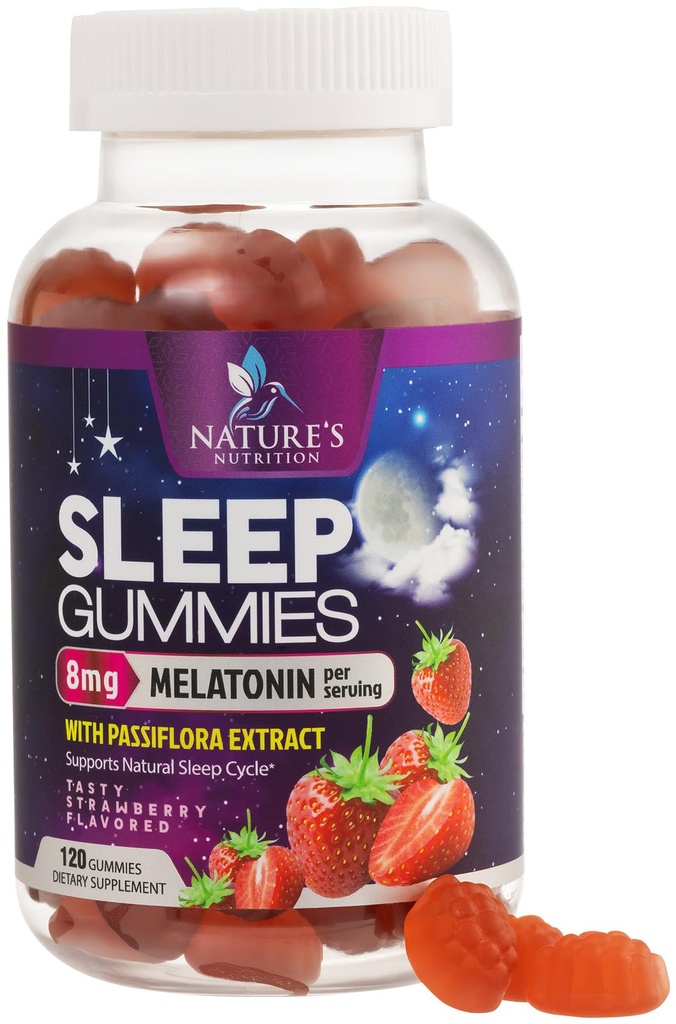 Slaščice za spanje za odrasle Dodatna moč 8mg - melatonin z ekstraktom Passiflora za mirno spanje - hitro delujoče Melatonin Sleep Gummy dodatek, Vegan, Non-GMO, Okusne jagode Okus - 120 Gumies