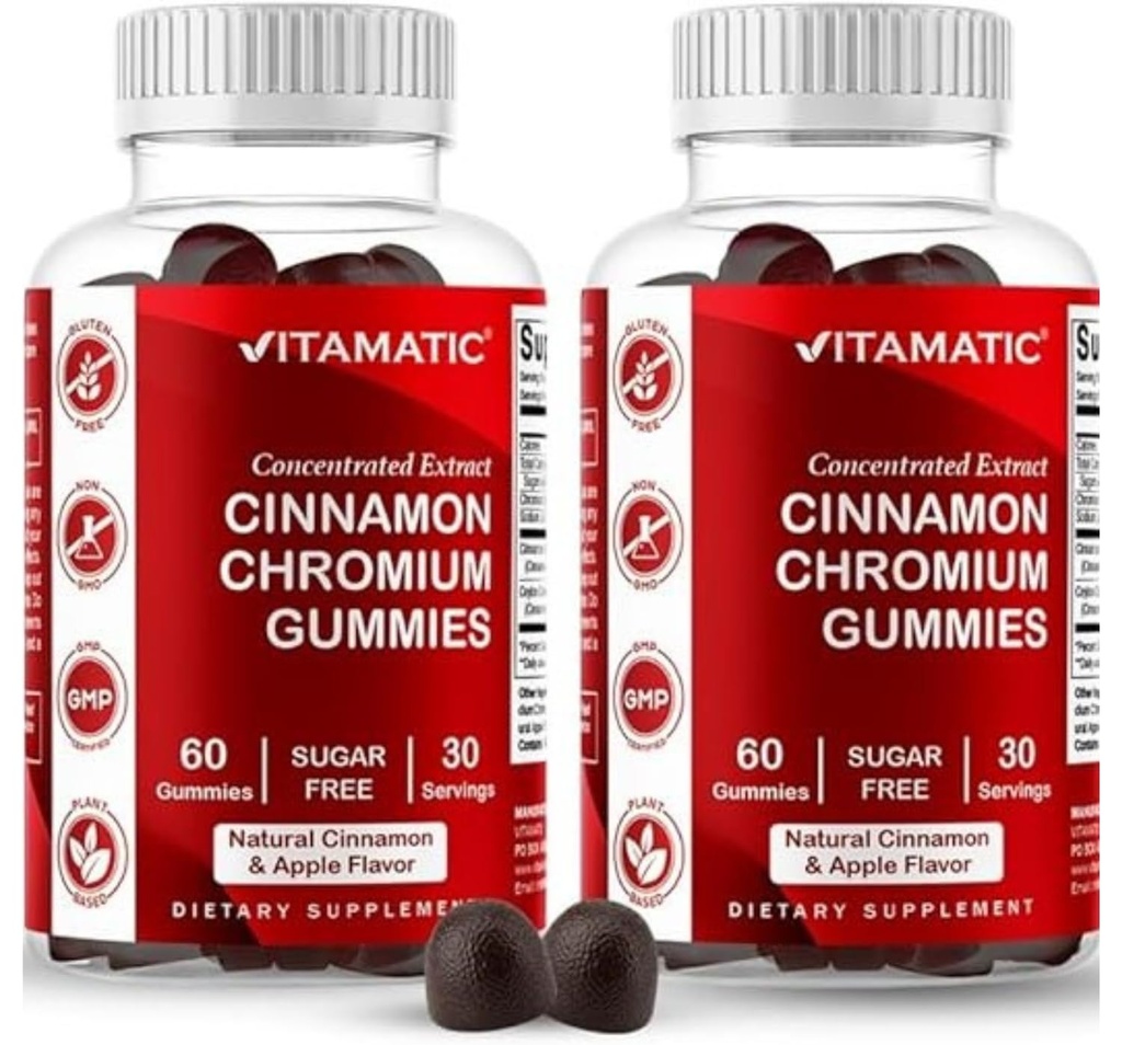 Vitamatski krom brez sladkorja s cimetom Ceylon – 2000 mg ekvivalent na serviranje (iz ekstrakta 83 mg) – Ne-GMO, Gluten-free – 60 Veganskih gumijev – 2 paketa