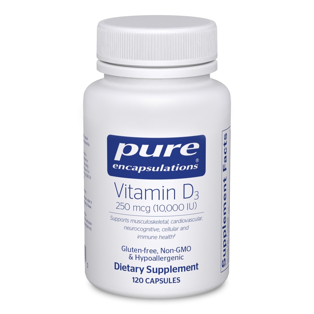 Čiste enkapsulacije Vitamin D3 250 μg (10. 000 i. e.) – dodatek k podpori kosti, sklepov, dojk, srca, kolonije in imunskega zdravja - s Premium vitaminom D - 120 kapsul