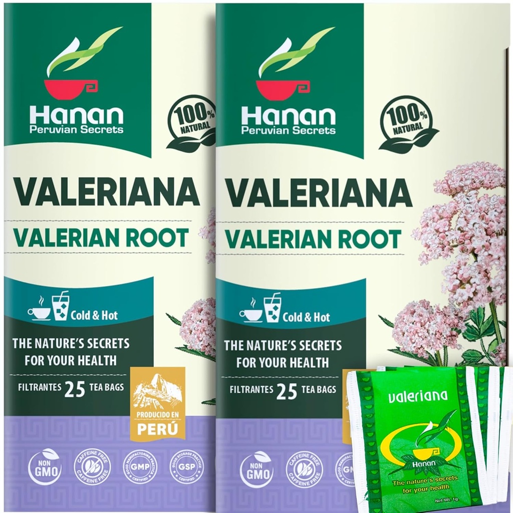 Hanan Valerian Koren Čaj za spanje (50 vrečk) - Te de Valeriana, Zeliščni umirjanje noč čaj - 100% Pure, Caffeine-free, Non-GMO, Herb iz Peruja - Paket 2 škatle