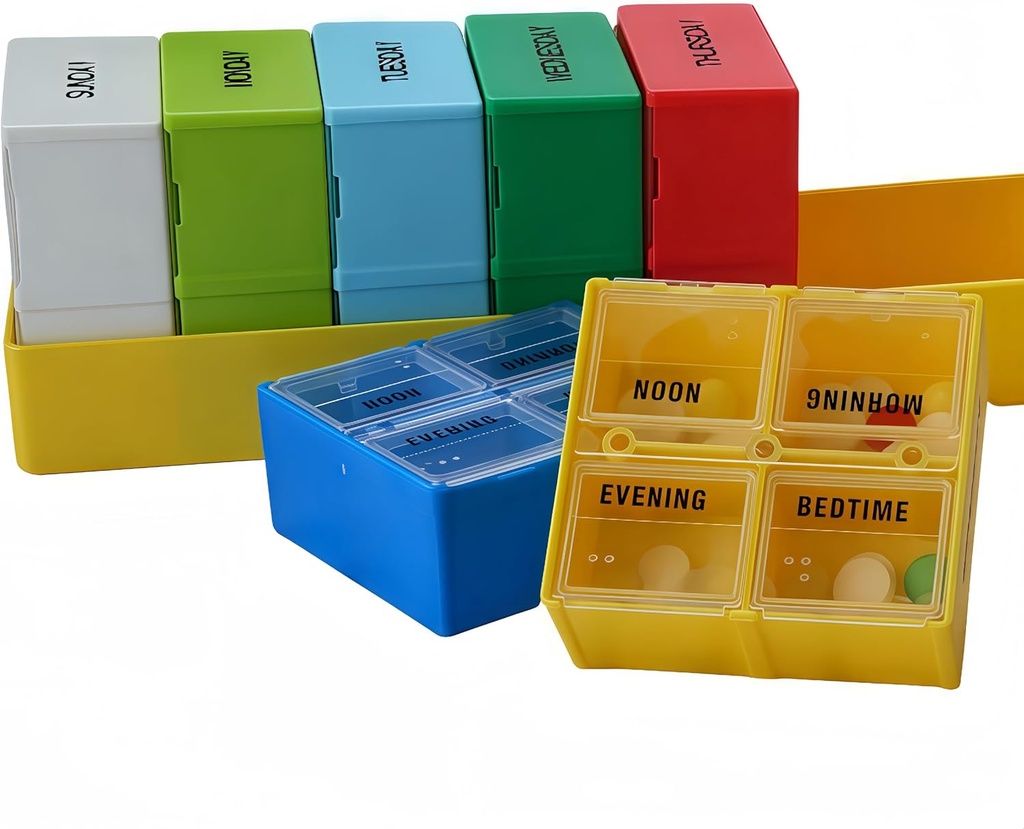 Primer velike tedenske tablete, 7-dnevni deli za tablete, Organizator tablet 4 krat dnevno, 4-A-dnevni vsebnik tablet, Secure Compartments, 7,8 x 2.3 x 2.3 in, Rumena