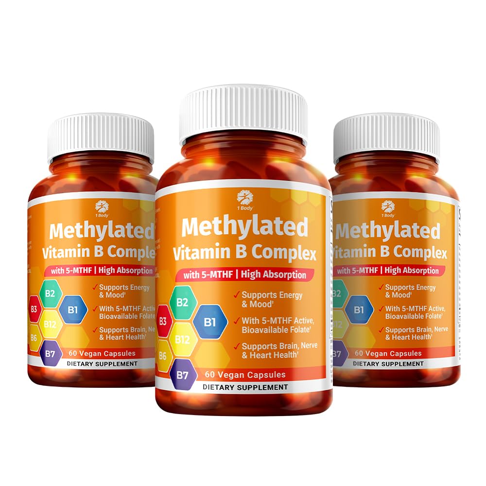 1 Body Vitamin B Complex 3 Pack – Biološka uporabnost B Vitamini s 5-MTHF Folat, B1, B2, B5, B6, Metil B12, Niacin & Biotin – Non-GMO, Vegan, Made in USA