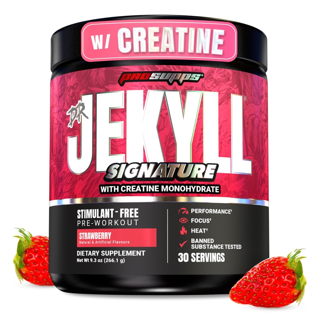 ProSupps Dr. Jekyll Signature Pre Workout Powder z Kreatine - Stim-free Preworkout Podpira Focus & vzdržljivost - Kofein-free Gym & Fitness dopolnila (Strawberry, 30 Servings)