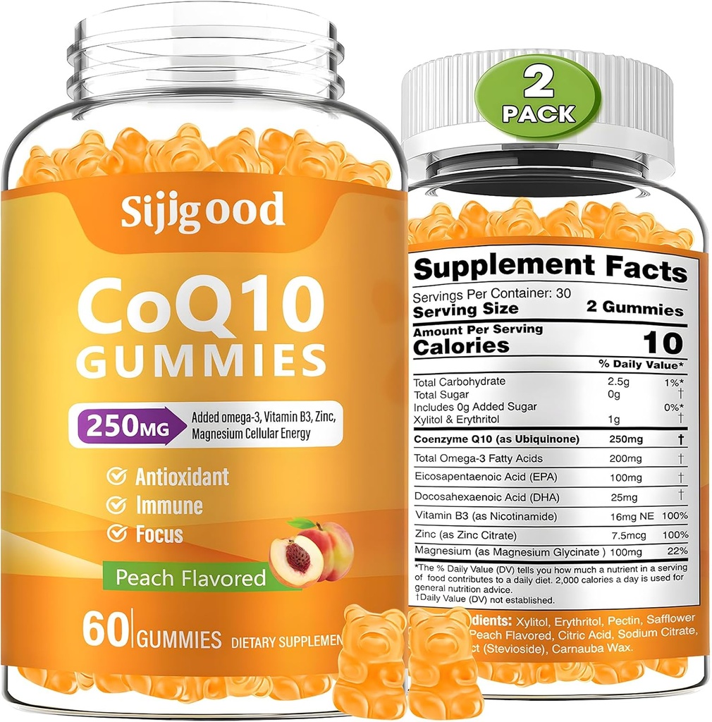 2 Pack CoQ10 Gummies, Plus Omega-3, Vitamin B3 in cink, Magnezij, 5X Visoko Absorpcijski koencim Q10 dopolnila, q10 za povečanje celične energije, Potent antioksidant in možgani, Peach Flavor, 120 Cts