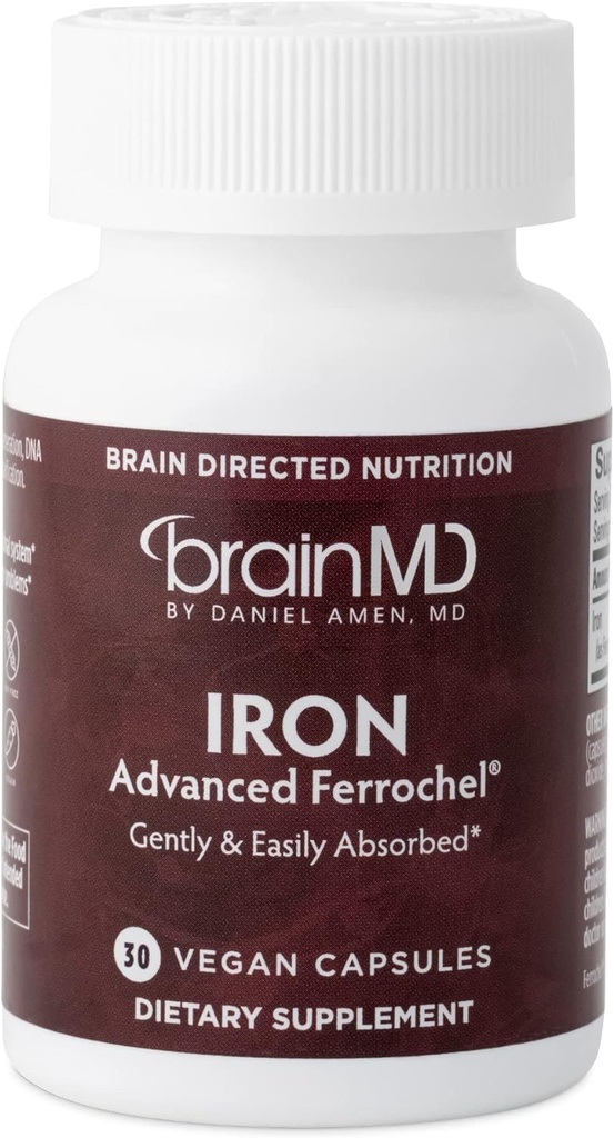 BRAINMD Dr. Amen Iron - 30 kapsul - podpira proizvodnjo energije, kognitivne funkcije in Gene Regulation - Nežno in enostavno Absorbirano - Gluten Free - 30 Servinges