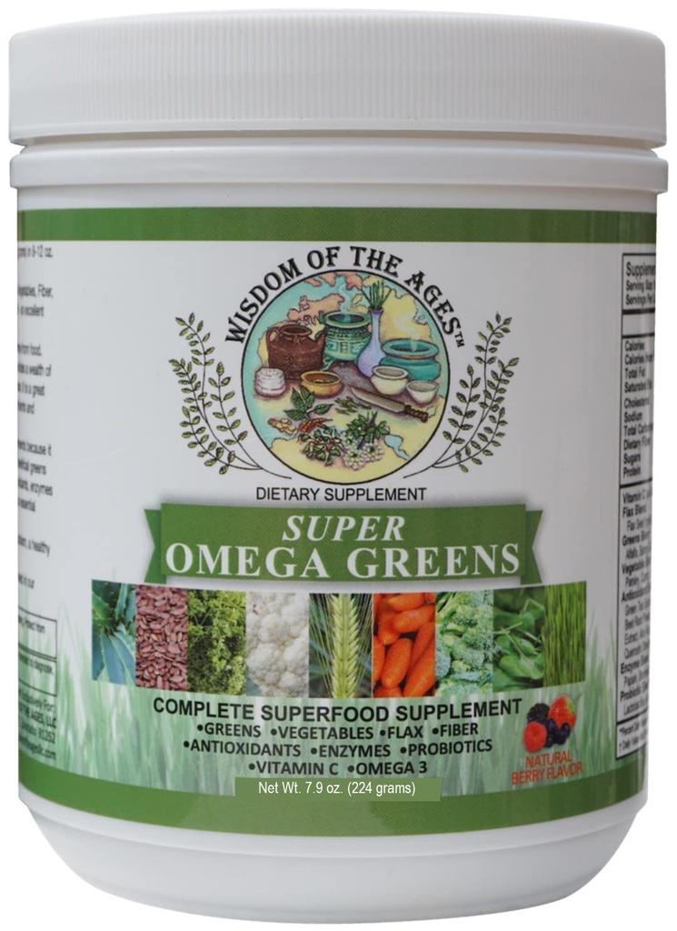 Super Omega Greens Popolna Superfood dodatek z zeleno, Zelenjava, Lan, Fiber, Antioksidanti, Encimi, Probiotiki, Vitamin C in Omega 3-7.9oz Prašek